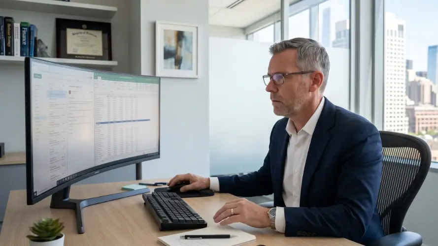 A manager at a desk working through a large spreadsheet